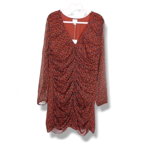 NWT A New Day Long Sleeve Ruched Front Bodycon Dress in Clay/Blk Combo - Picture 4 of 10